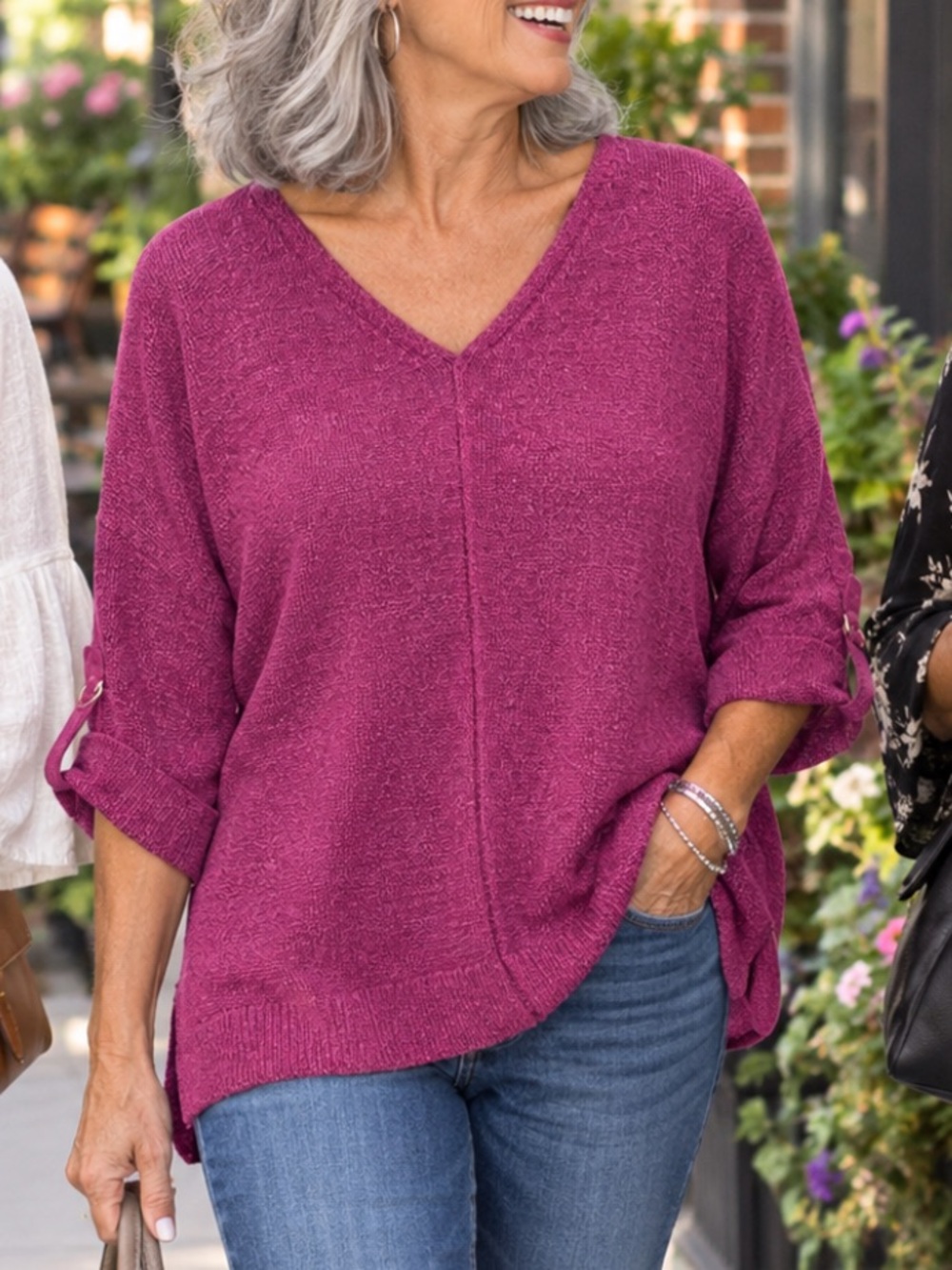 Chico's Raspberry-Magenta V-Neck 3/4 Length Roll Sleeve Sweater. Size 2.